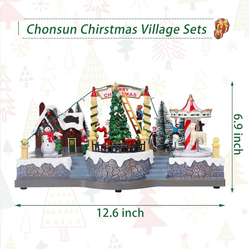 CHONSUN Christmas Village House 6.9 Inch Christmas Decorations Moving Train Carousel USB/3AA Batteries Holiday Snowman Music Village Indoor Lighted Figurines for Room Tabletop Decor - Image 2